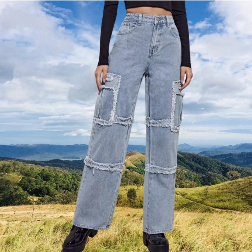Cargo Y2K High Rise Wide Leg Distressed Denim Jeans Light Wash Sz S